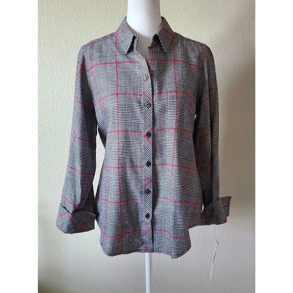 Foxcroft NYC Shirt Sz 4P Petite Panel Plaid Red Black Holiday Button Up‎ NEW NWT - Picture 1 of 10